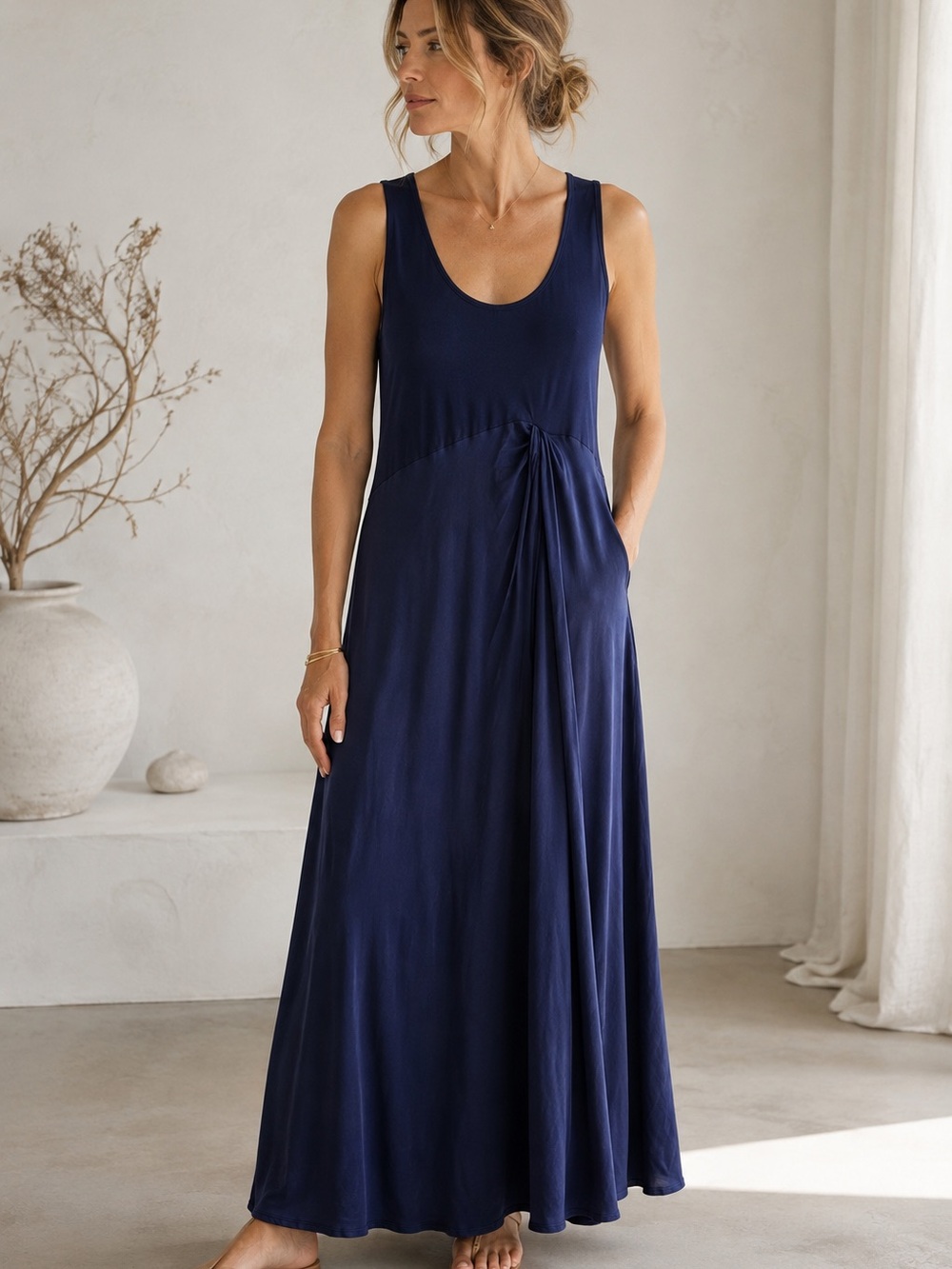 Anthropologie Navy Blue Maxi Dress XL Viscose Draped Sleeveless boho minimalist